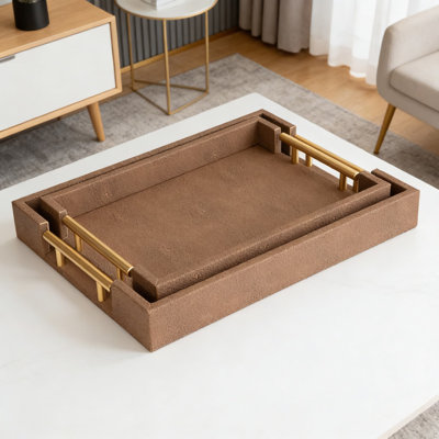 Set Of 2 Faux Shagreen Leather Serving Trays With Gold Metal Handles, Modern Rectangular Decorative Ottoman And Coffee Table Trays For Home Decor, Kitchen, And Organizing