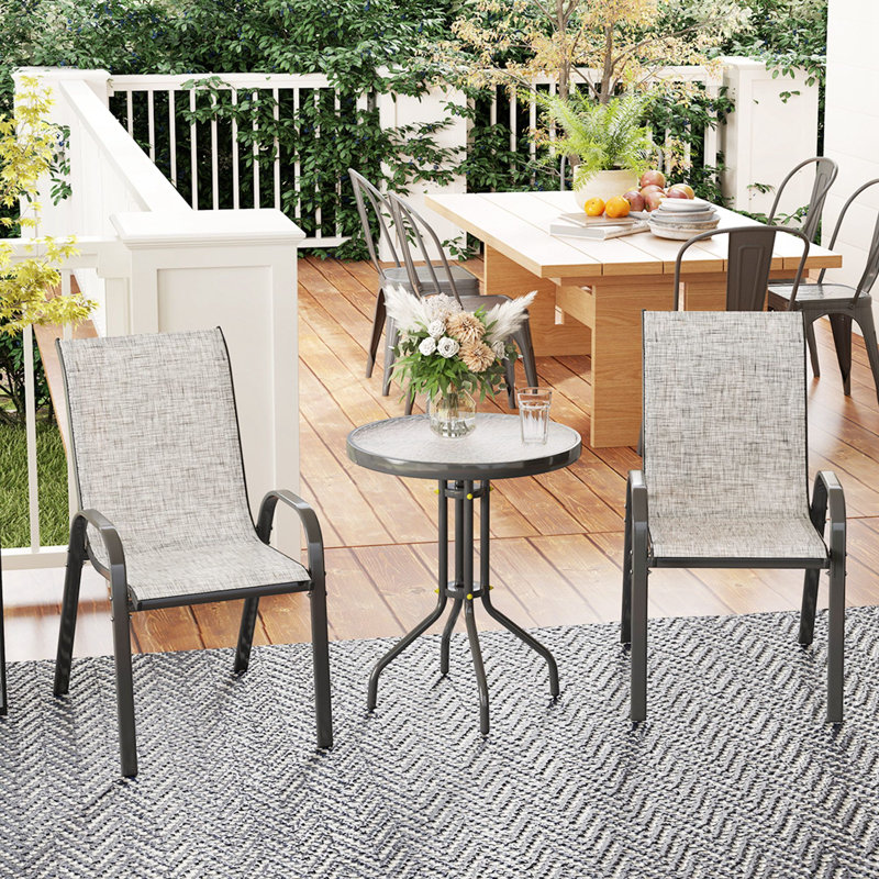 Ensemble bistro 3 pièces, chaises empilables en H 36,6 "avec filet, table en verre H 28", gris / noir