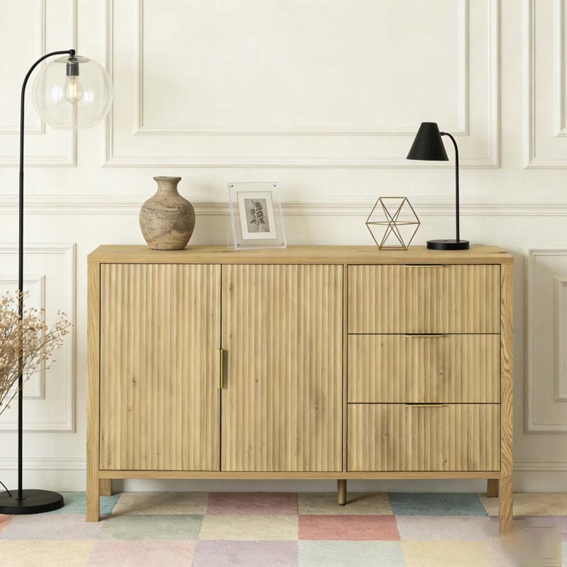 Buffet moderne à motif de vagues avec 3 tiroirs, Naturel