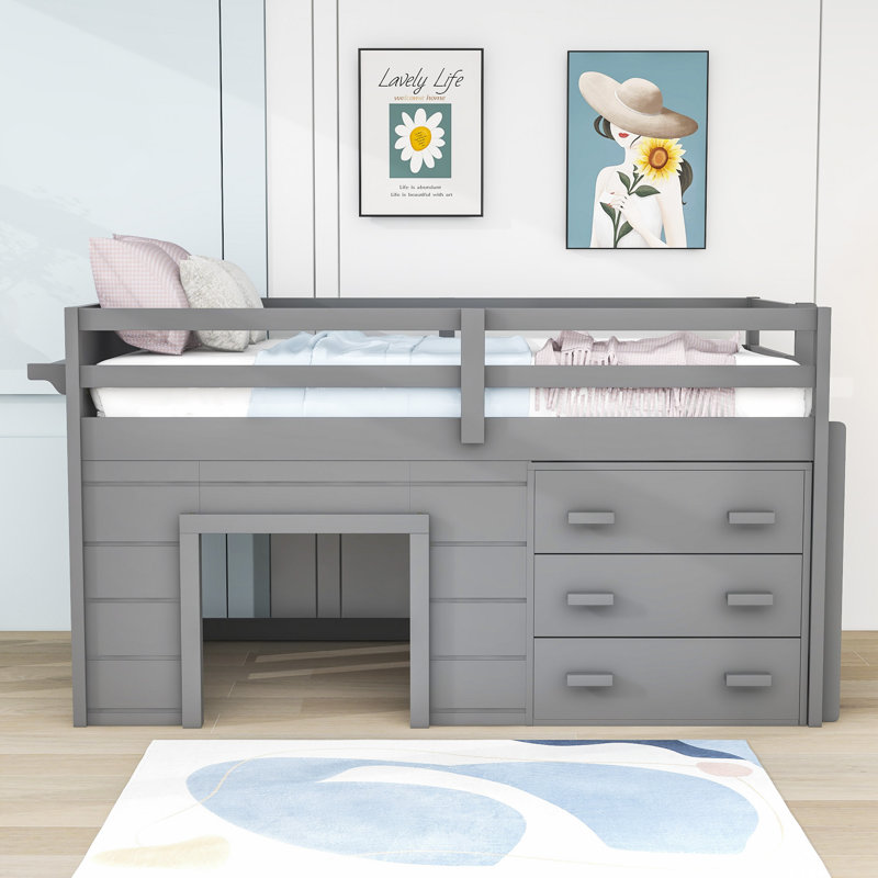 Fenelus Kids Twin Loft Bed with 3 Drawers, Gray