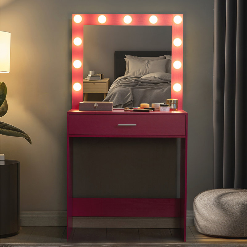 Leeandrew Vanity Desk with Drawers, Cabinet, Stool & Charging Ports, Pink w/Mirror