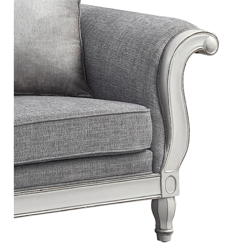 Causeuse Florian en tissu gris et blanc antique avec 3 coussins