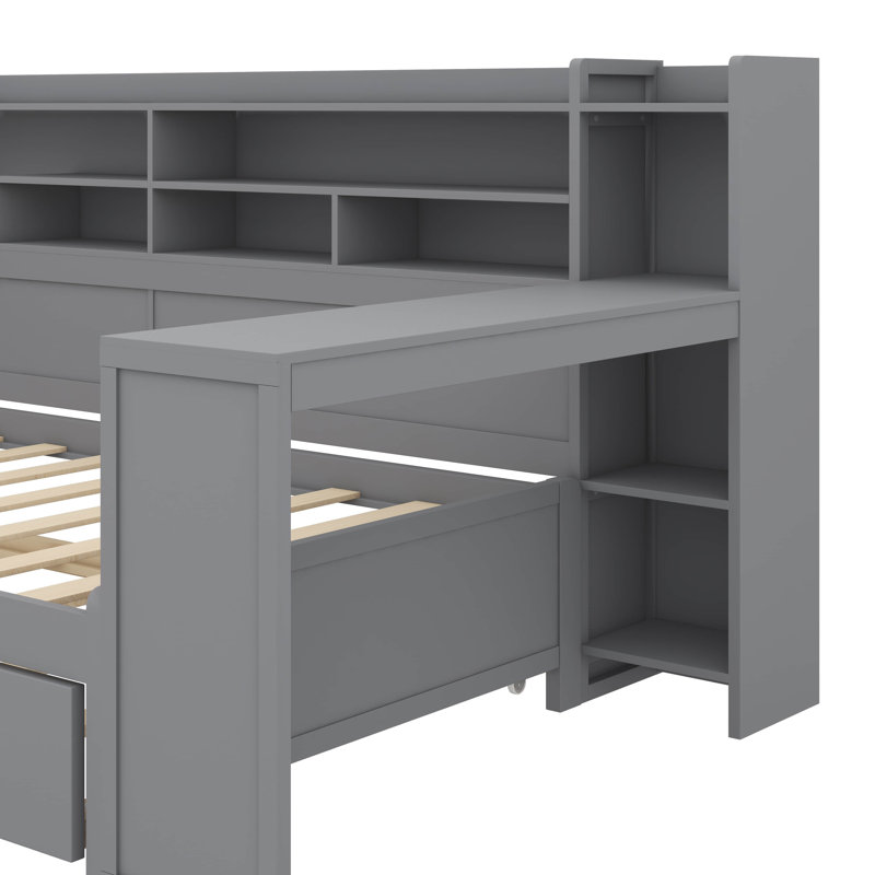 Lit de jour en bois avec tablettes de rangement intégrées, lit comprenant un lit gigogne escamotable et une table d'étude
