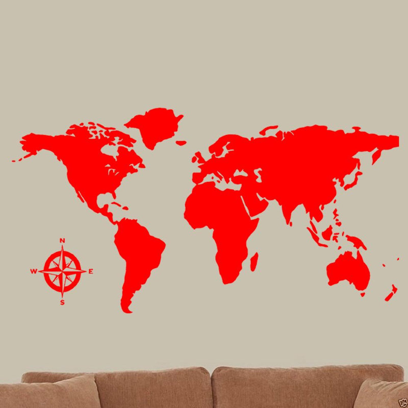 Adhésif décoratif carte du monde en vinyle, Rouge, H 15 po x L 30 po