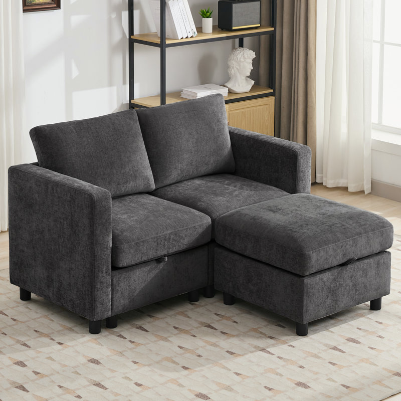 Causeuse rembourrée de 58,3 po avec repose-pieds, repose-pieds, chenille, Chenille grise foncée