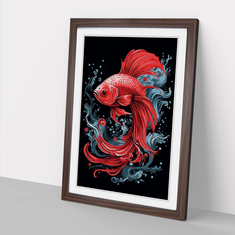 Siamese Fighting Fish Line - Single Picture Frame Print on Wood, Walnut , 34cm H x 25cm W x 2cm D