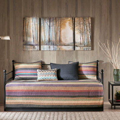 Housse de lit de jour réversible 6 pièces, rayures multicolores, matelas simple, housse, jupe de lit, 3 taies décoratives, coussin décoratif, 6 pièces lavables, ajustement du matelas, 1 machine