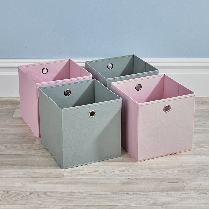 Pack of 4 Fabric Storage Cube Organiser Box, Grey/Pink