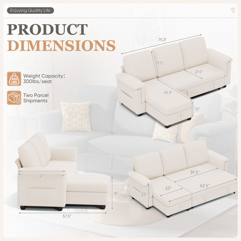 Corduroy Sectional Sleeper Sofa with Storage & Pull-Out Bed