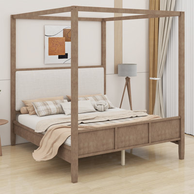 Upholstered Headboard Wooden Canopy Bed, Sturdy Platform Bed Frame No Box Spring Needed
