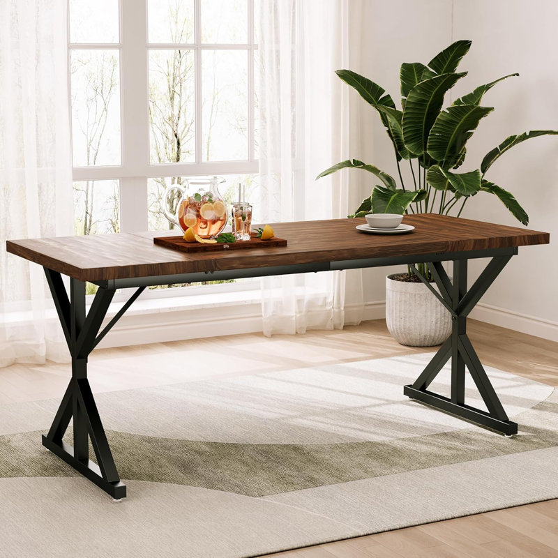 Table de salle à manger 70,87 pouces industrielle pour 6 à 8 personnes avec plateau en bois massif et structure en métal