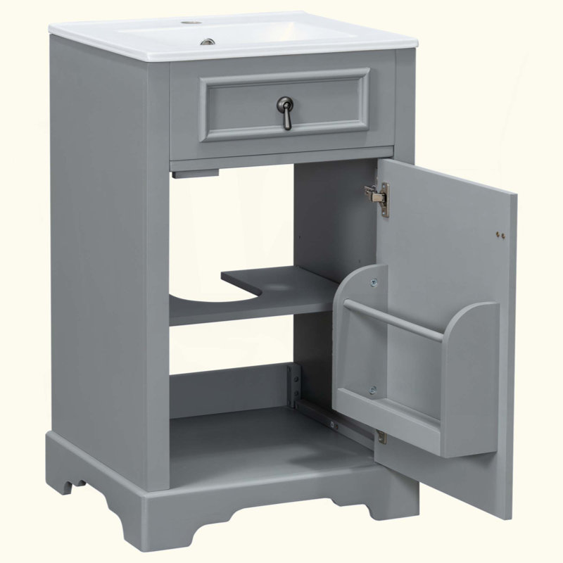 Meuble-lavabo de salle de bain avec lavabo en céramique, porte à fermeture douce, tablette réglable et support de rangement fixé à la porte - idéal pour les petites salles de bain