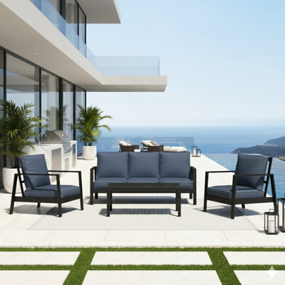 Ensemble de mobilier d'extérieur 4 pièces 4 pièces, canapé de conversation 5 places avec coussins bleus de 4,7 po d'épaisseur et structure en aluminium noir et table basse