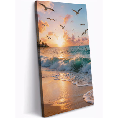 «Vertical Coastal Sunset Beach», art mural sur toile, impression de toile encadrée bord de mer, prêt à être accroché avec un crochet 24 po x 48 po