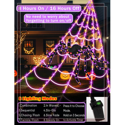 Halloween Spider Web Decorative Lights - 250 Ultra-Bright Leds (Bi-Directional Glow), 8 Modes & Timer, Plug-In, Durable Plastic Cord For Outdoor Decor