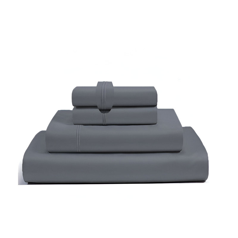 400TC Luxurious Double Embroidery Sateen Solid Cotton 4 Piece Sheet Set Fitted Sheet Fits Upto 16" Deep Pocket, Dark Gray