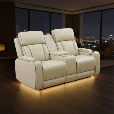 Causeuse inclinable électrique en cuir beige, 2 places avec console de rangement et porte-gobelets, port USB, lumières DEL, double ressort, structure en bois massif, moteur silencieux, fonction sommeil à 170 ° pour le salon