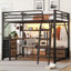 Grand lit plateforme mezzanine pour chambre d'enfant, métal noir élégant avec poste de travail intégré et rangement