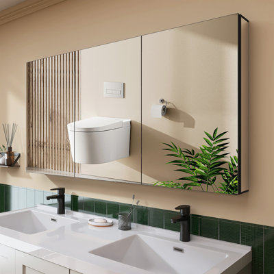 Armoire à pharmacie encastrée 60 po avec miroir et 3 tablettes réglables en verre, armoire de salle de bain sans cadre avec cadre antirouille