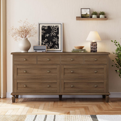 59" Wide Vintage 8 Drawer Wood Dresser with Carved Handles & Tapered Legs for Bedroom