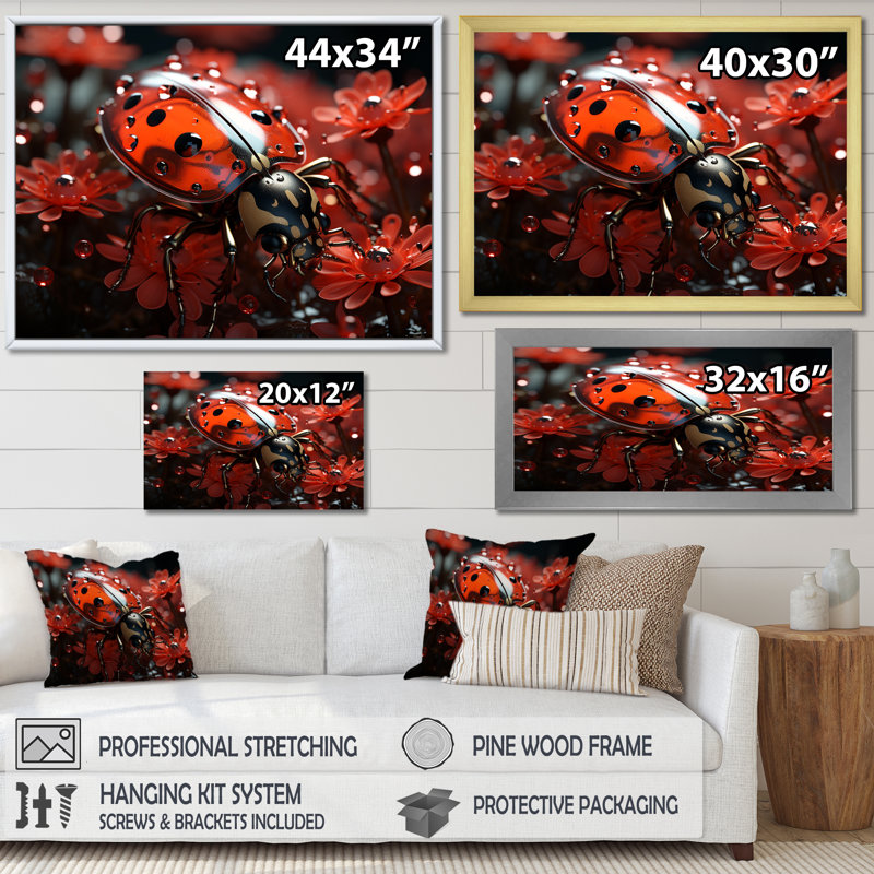 «Red Floral Ladybug Metamorphosis» sur impression sur toile, Cadre simple noir, H 24 po x l 32 po x P 1 po