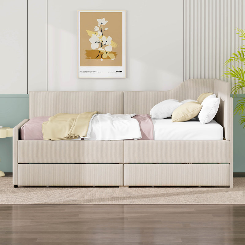 Tallis  L-Shaped Corduroy Daybed,Upholstered Bed Frame With 2 Storage Drawers, Beige