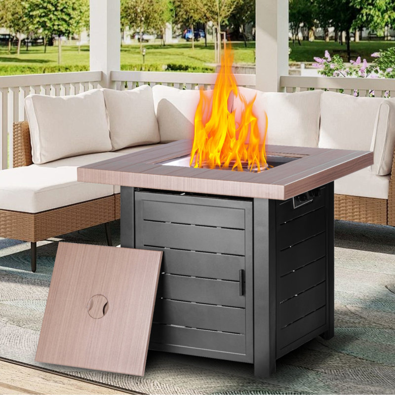 Lyailya 24.8" H x 28" W Iron Propane Outdoor Fire Pit Table with Lid, Gray/Light Brown