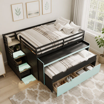 Lit double mezzanine double avec bureau coulissant et lit gigogne simple, lit superposé multifonctionnel avec 2 tiroirs de rangement et marches de rangement, jeu de lit et poste de travail peu encombrant