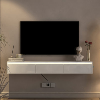 Floating Tv Stand With Led Lights And Power Outlet, High Gloss Wall Mounted Cabinet For 60 - 69 Inches In Living Room, White Material, Open Shelves Media Game Storage, Touch Sensitive Strip, Easy