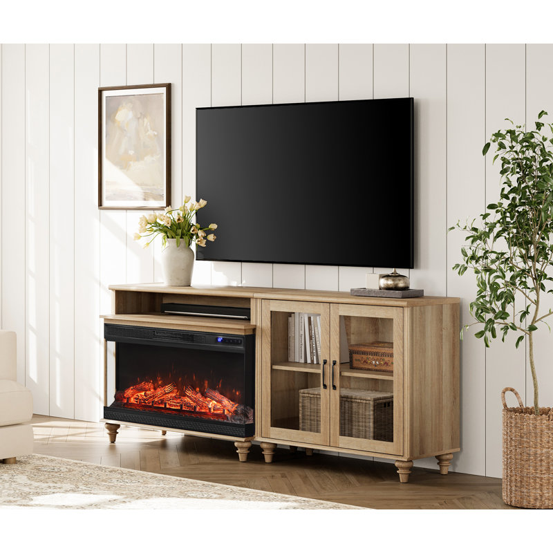 TV Stand With 36" Electric Fireplace For 75 Inch TV, 2-In-1 TV Console Table For 55/65/75 Inch TV, Entertainment Center With Glass Door, Oak