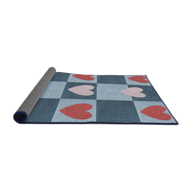 Tapis bleu/rouge/gris à motifs, Rond 4 pi