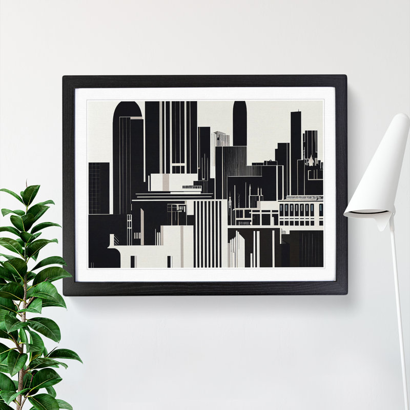 Art Deco City Skyline - Single Picture Frame Print, 46cm H x 64cm W, Black