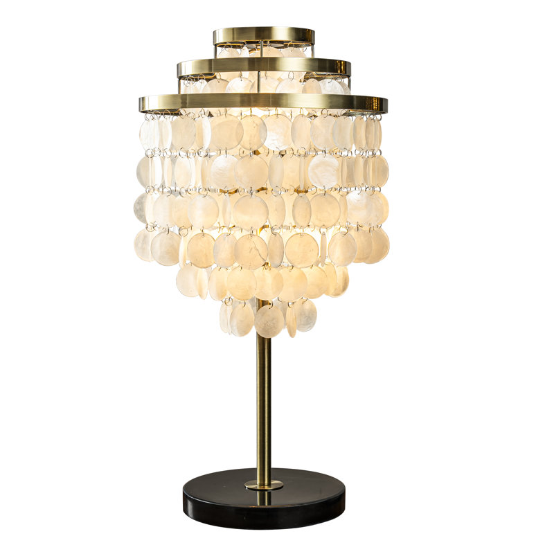 Eccleston 3-light 28'' Modern Coastal Aged Brass Natural Capiz Shell Tiered Table Lamp With Black Marble Base Glam For Girls Room Living Room Bedroom