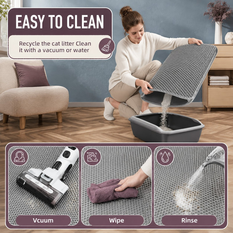 Sized at 47 x 33 in, this gray XL cat litter mat pairs a large double-layer honeycomb design with a soft litter-trapping surface; it is urine-proof and can be cleaned easily by rinsing with water.