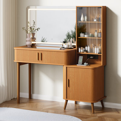 51" Fluted Makeup Vanity Desk with 36" Lighted Mirror, Glass Top, Drawers & Charging Station