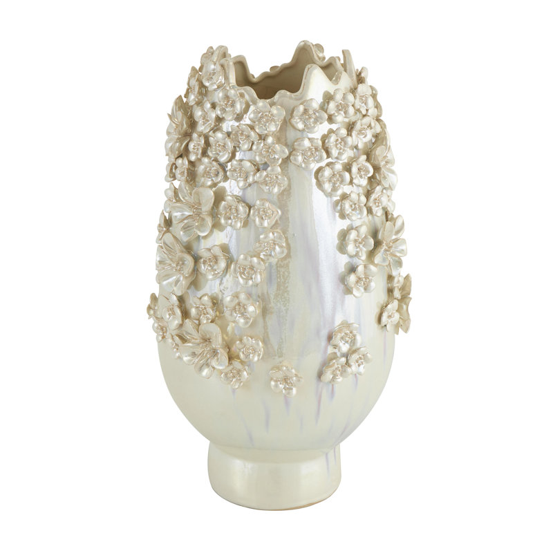 Vase décoratif crème 3D en céramique avec glacis irisé 9 po x 9 po x 17 po