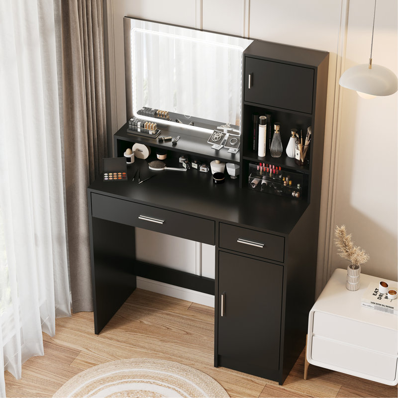 Bureau de meuble-lavabo avec grand tiroir et 3 modes d'éclairage à DEL. Noir, cloison de table noire exquise. DEL, utilisation