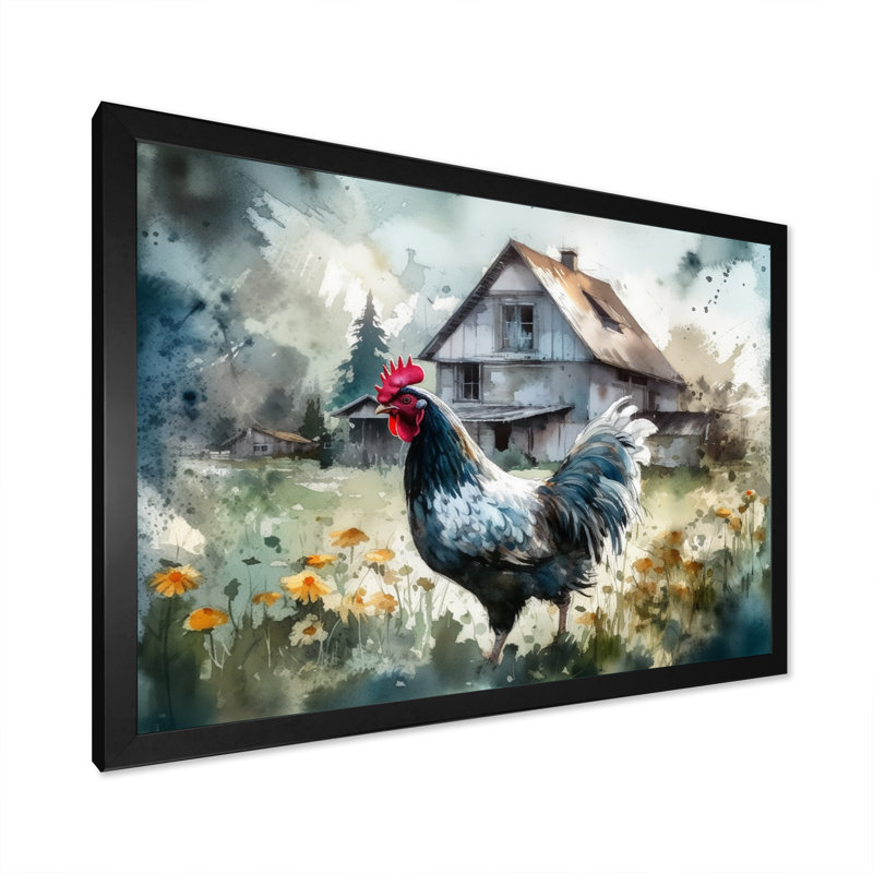 Coq sur une ferme II - art mural poulet, H 30 po x l 40 po x P 1,5 po, Cadre photo noir