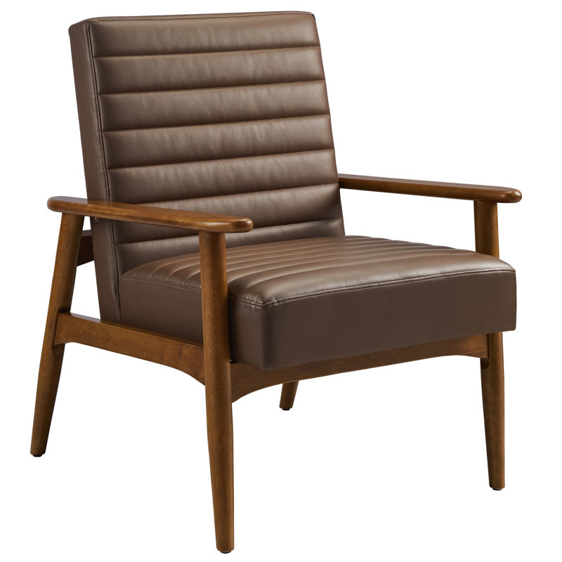 Jensen Vegan Leather Accent Chair , Brown Faux Leather, Dark Brown Wood