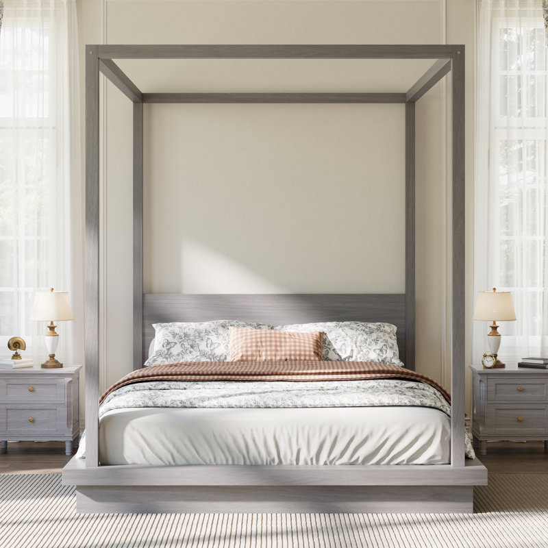 Grand lit plateforme à baldaquin en bois massif avec tête de lit, cadre de lit en bois classique pour la chambre à coucher, aucun sommier tapissier requis, gris
