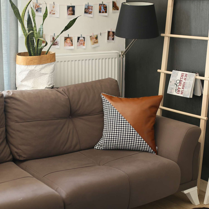 Faux Leather Throw Pillow, Brown Geometric