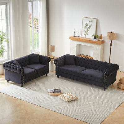 Ensemble de canapé luxueux en velours avec structure en bois massif de style Chesterfield moderne pour le salon
