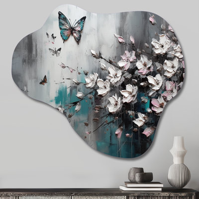 Flowers With Butterflies Painting V - Floral Cloud Shape Irregular Metal Wall Decor