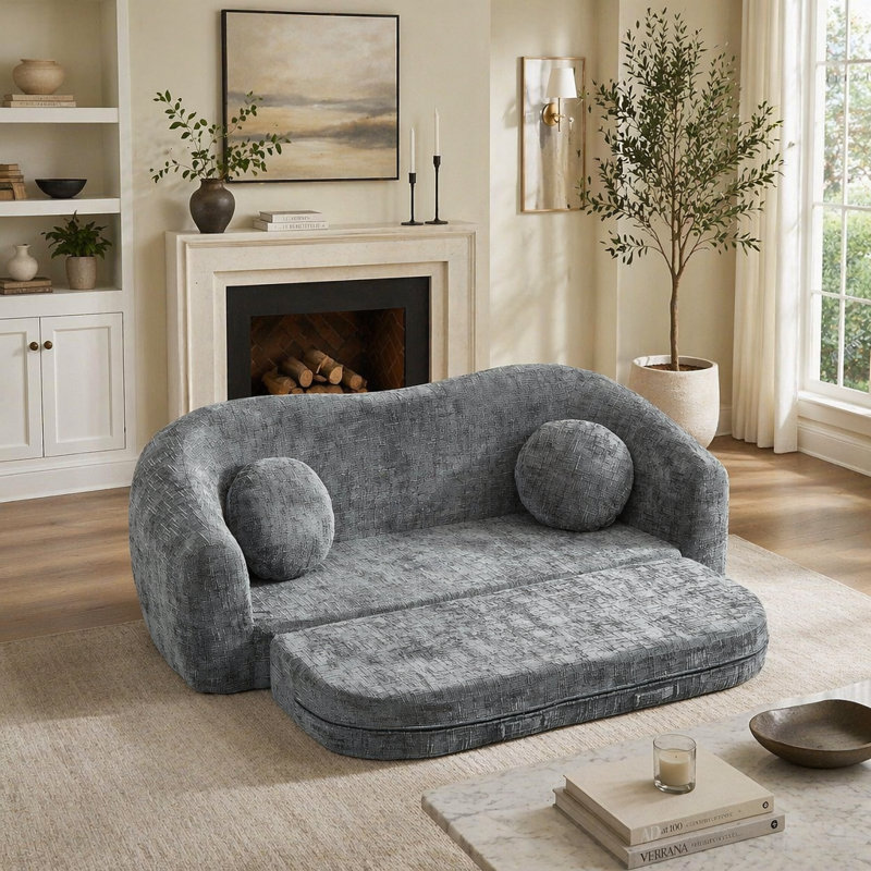 Canapé inclinable convertible de 86 pouces incurvé, canapé-lit pliant sans cadre 2 en 1 avec base coulissante et assise profonde, canapé inclinable en chenille à deux places, aucun assemblage requis gris