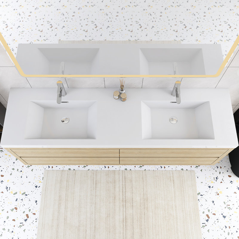 71'' Wall-Mounted Double Bathroom Vanity  With Integrated Composite Top, Oak Natural Wood