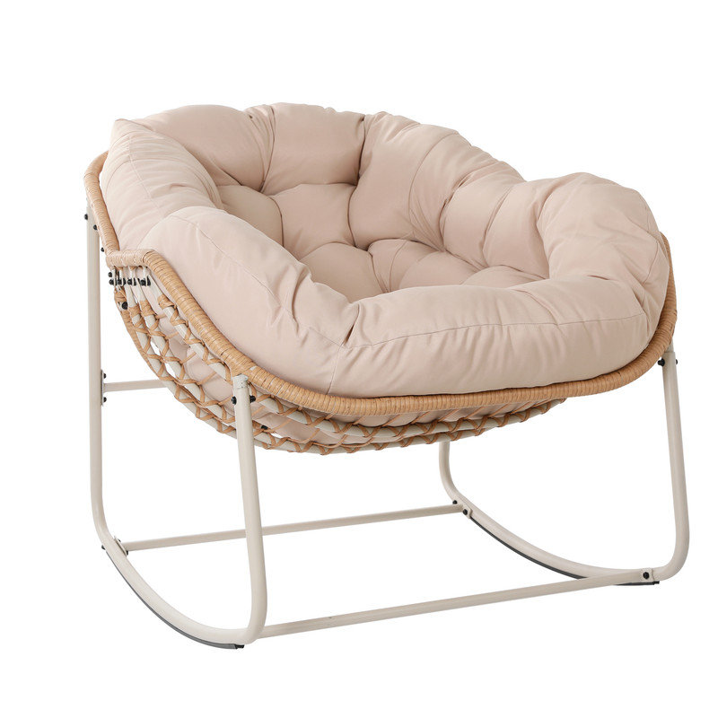 Chaise berçante de patio en osier avec coussins Izavier, Beige