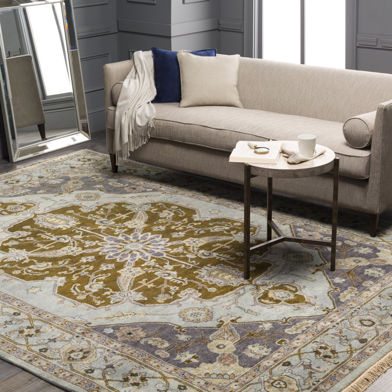 Zeus Hand Knotted Wool Oriental Area Rug in Slate/Yellow, Runner 2'6" x 8'