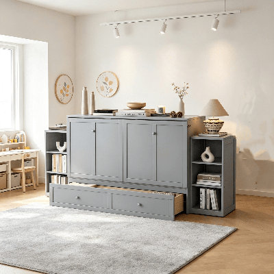 Lit escamotable en bois, lit escamotable avec bibliothèques latérales et tiroir de rangement, lit armoire dissimulé, lit convertible, cadre de lit mural pour appartement de chambre d'amis