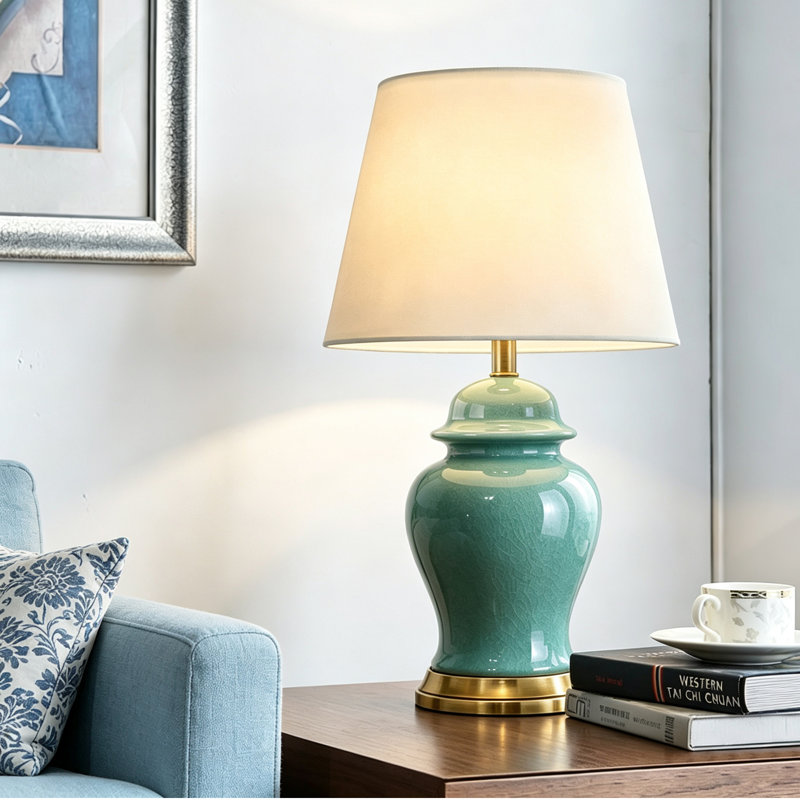 Lampe de table en céramique de 53 cm (21 pouces), lampe de chevet en forme de pot à gingembre à glaçure craquelée avec abat-jour en tissu pour chambre ou salon