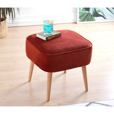 Bohemian Velvet Pouffe with Wooden Legs, Tile Red, 17.7 x 17.7 x 16.9 inches | 100% Velvet Fabric, 35 DNS Orthopedic Sponge, 2.4-inch Sponge Thickness | Stylish & Comfortable Seating for Living Room or Bedroom